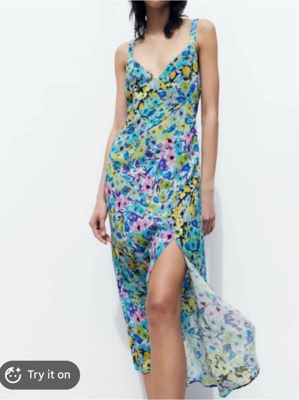 Zara Blue Green Floral V-Neck Dress